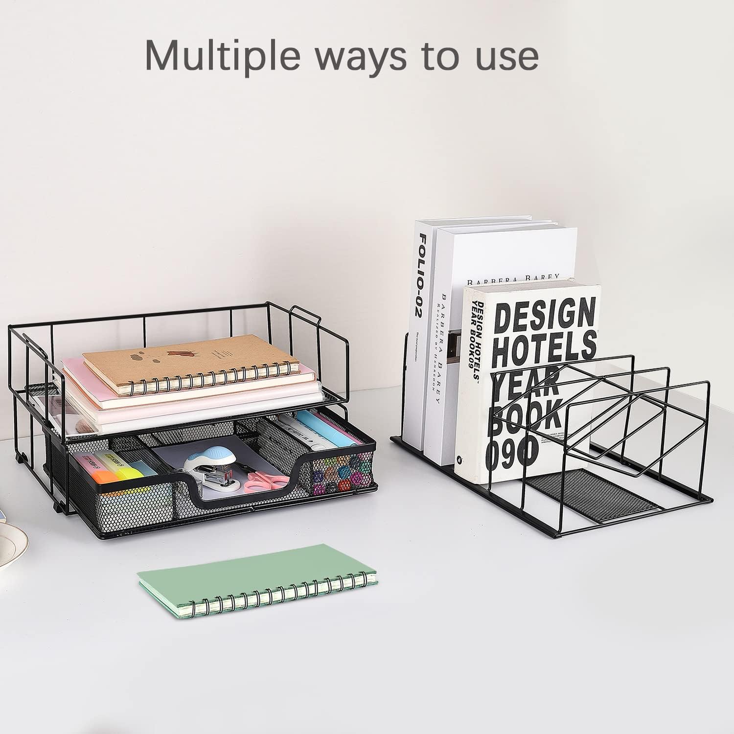 gianotter Desk Organizers and Accessories, Office Supplies Desk Organizer with Sliding Drawer, Double Tray and 5 Upright Sections (Black) - Image 4